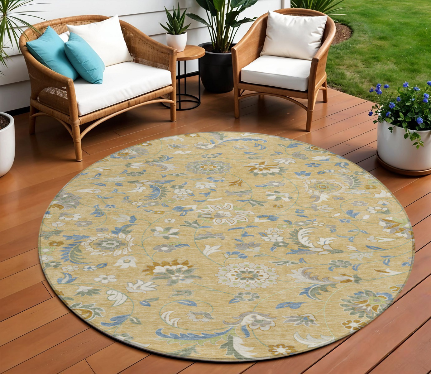 8' Wheat Blue And Ivory Round Floral Washable Indoor Outdoor Area Rug-597856-1