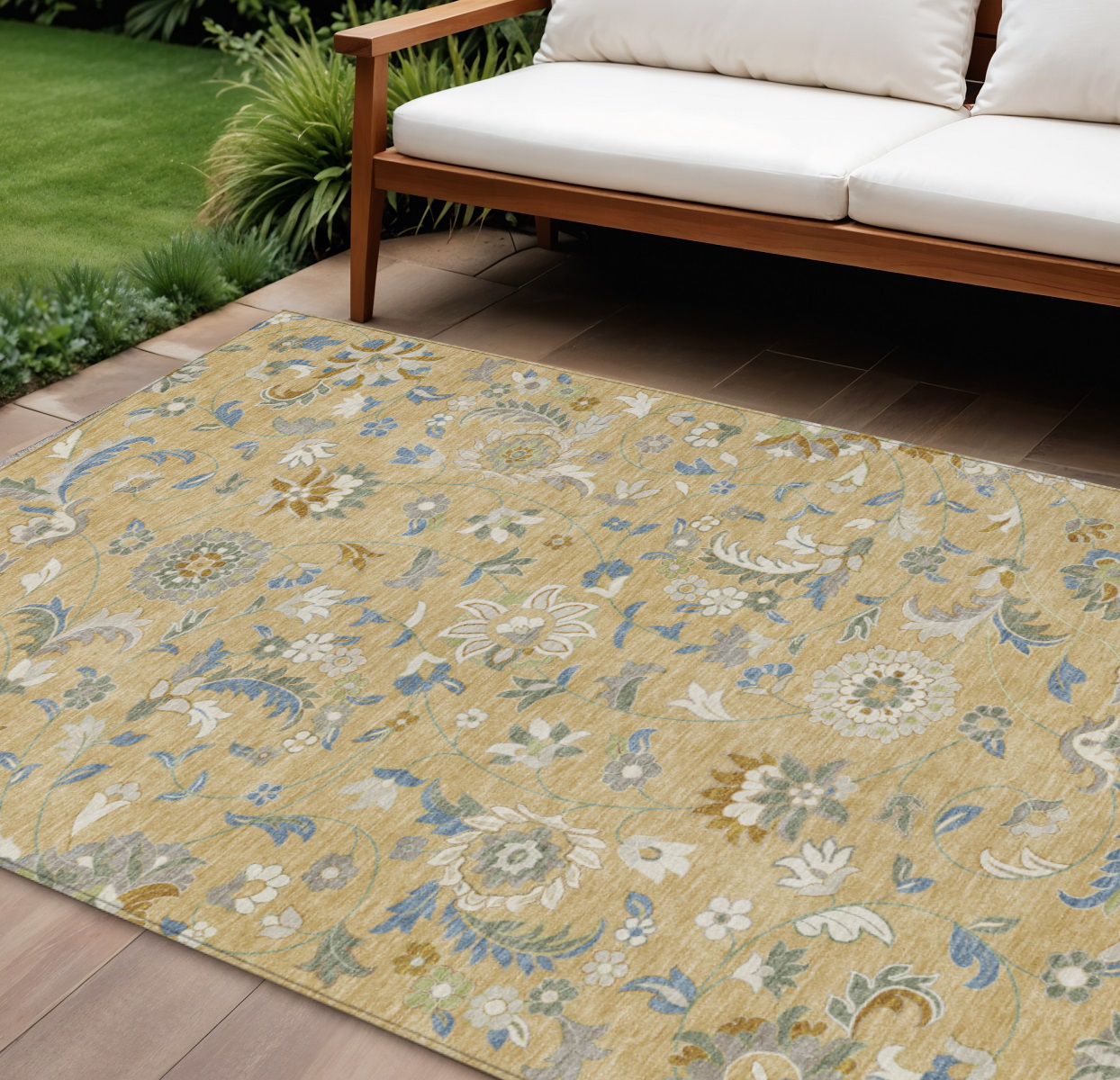 9' X 12' Wheat Blue And Ivory Floral Washable Indoor Outdoor Area Rug-597858-1