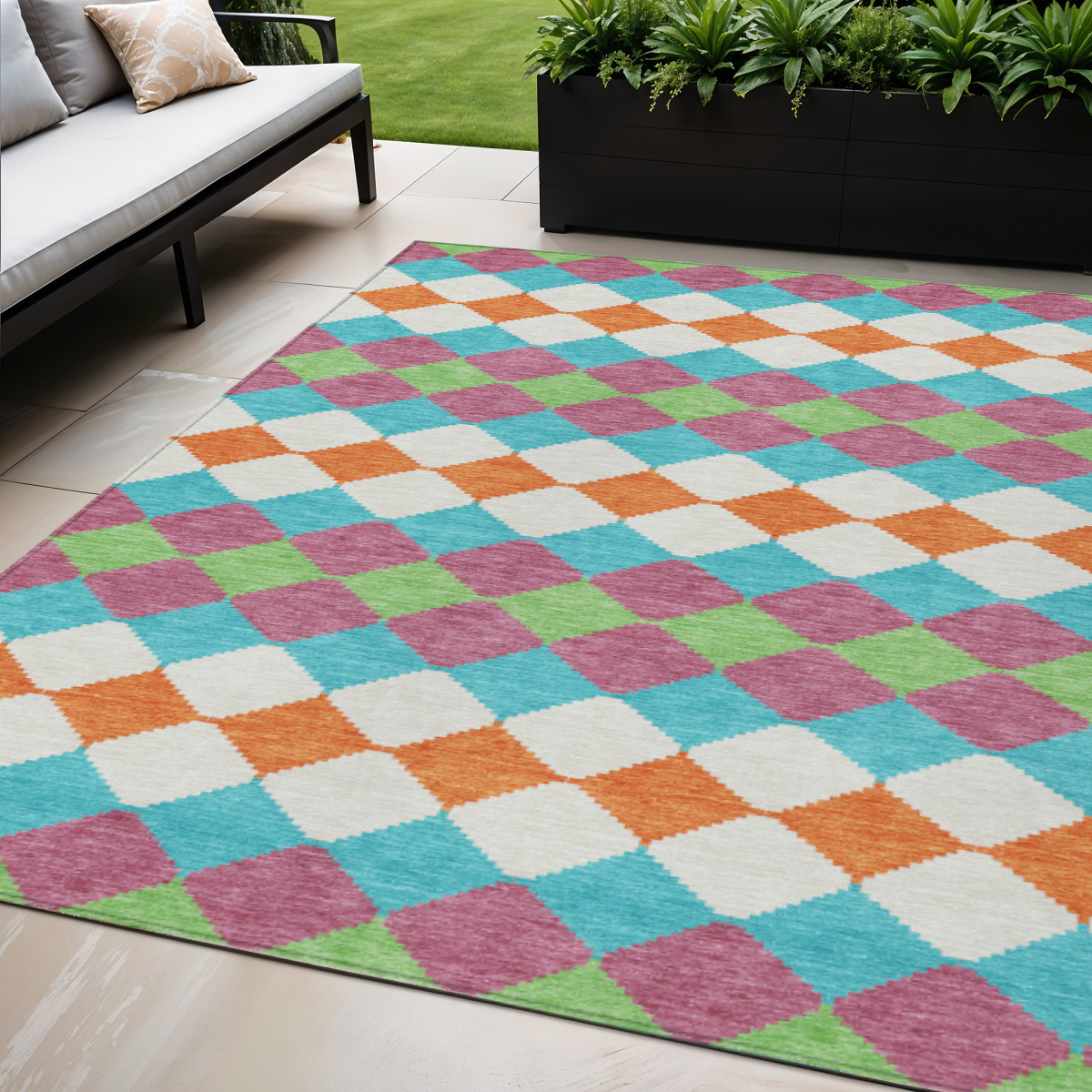5' X 8' Blush Blue And Copper Geometric Washable Indoor Outdoor Area Rug-597879-1