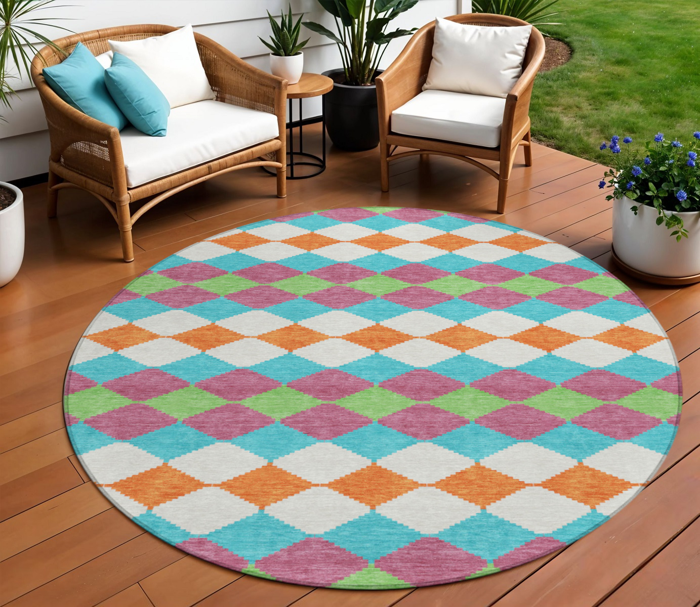 8' Blush Blue And Copper Round Geometric Washable Indoor Outdoor Area Rug-597880-1