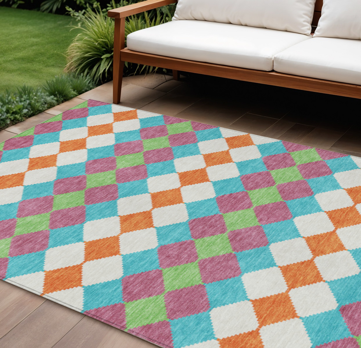 9' X 12' Blush Blue And Copper Geometric Washable Indoor Outdoor Area Rug-597882-1