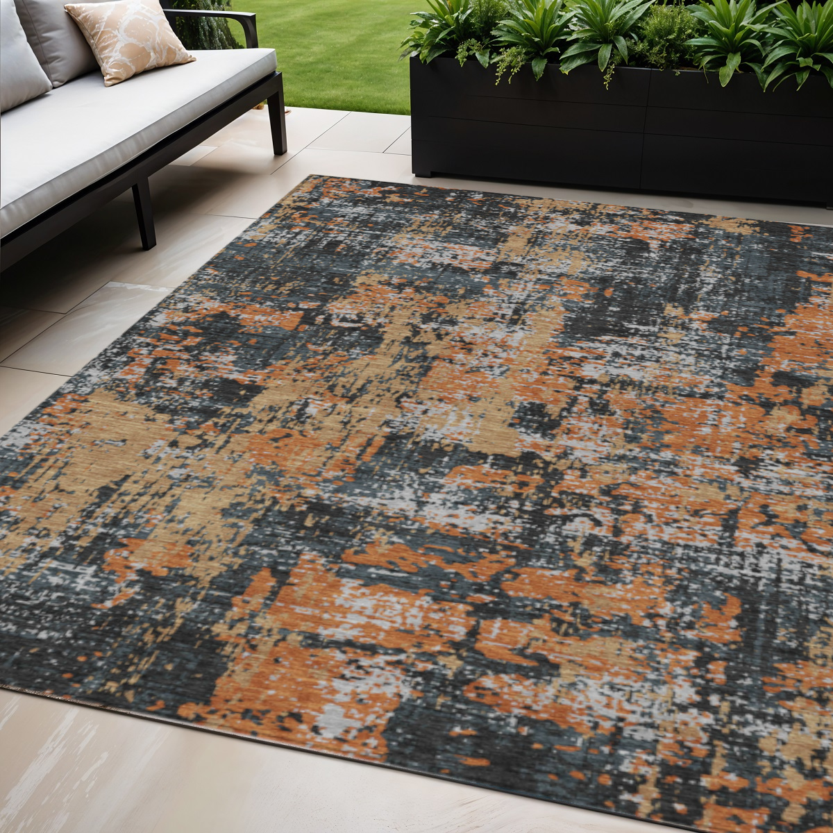 5' X 8' Charcoal Copper And Ivory Abstract Washable Indoor Outdoor Area Rug-597945-1