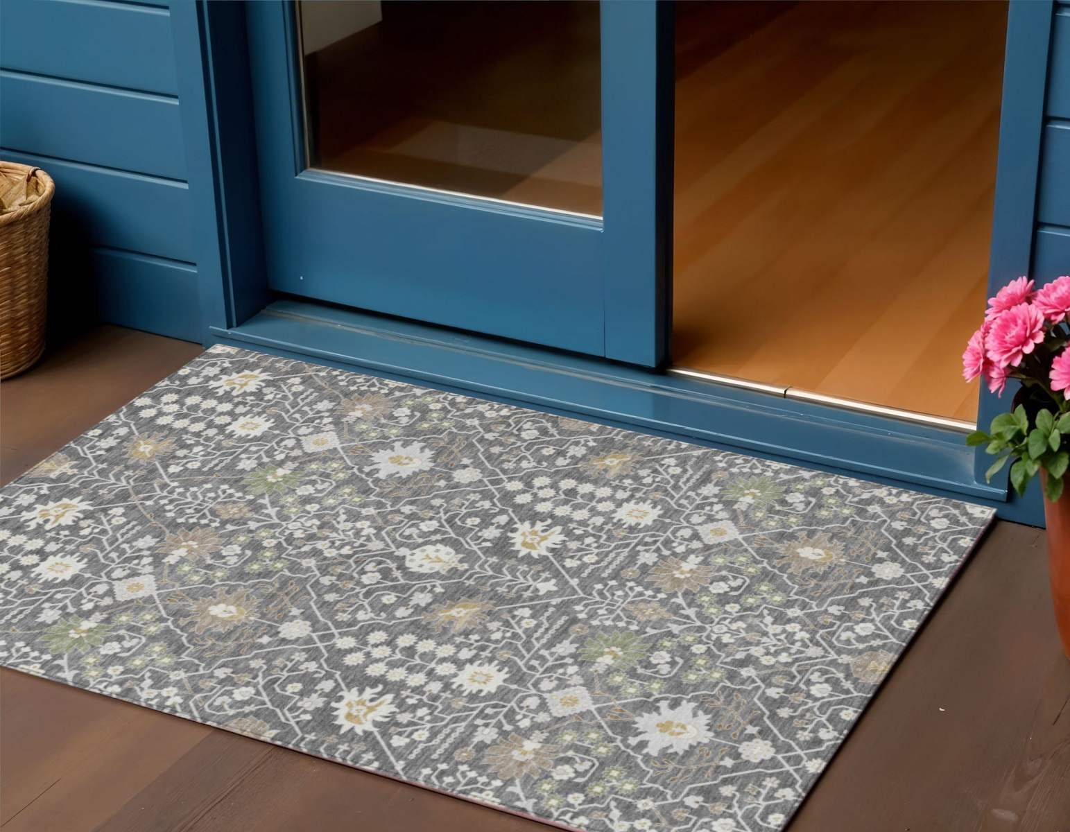 3' X 5' Charcoal Ivory And Green Oriental Washable Indoor Outdoor Area Rug-598028-1