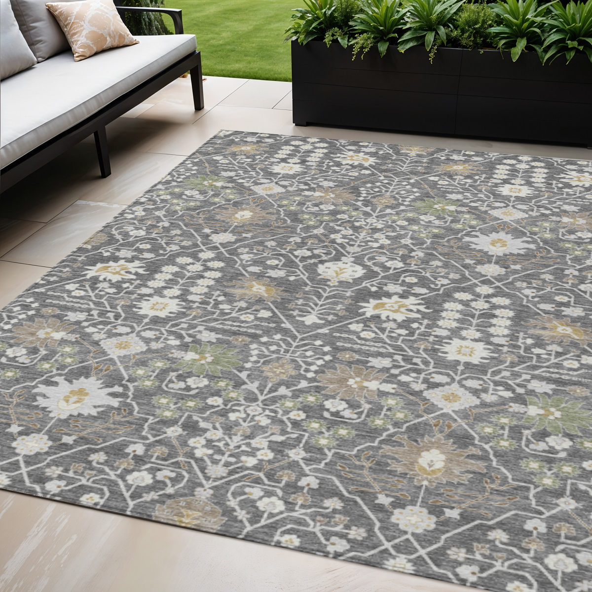 5' X 8' Charcoal Ivory And Green Oriental Washable Indoor Outdoor Area Rug-598029-1