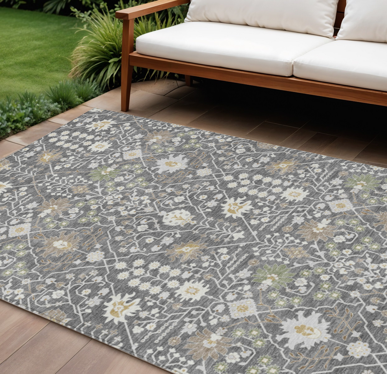 8' X 10' Charcoal Ivory And Green Oriental Washable Indoor Outdoor Area Rug-598031-1