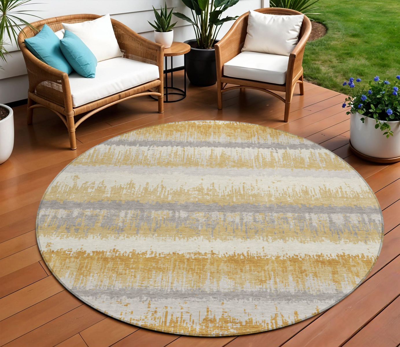 8' Gold Copper And Gray Round Striped Washable Indoor Outdoor Area Rug-598348-1