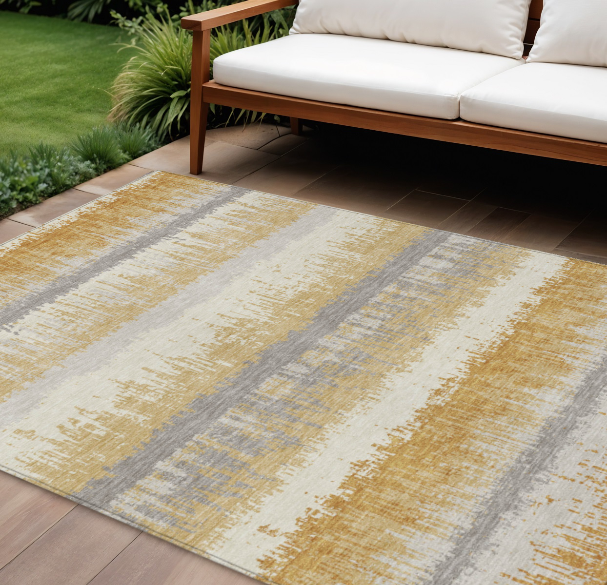 9' X 12' Gold Copper And Gray Striped Washable Indoor Outdoor Area Rug-598350-1