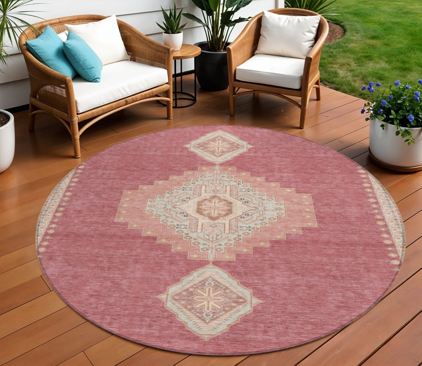 8' Blush Gray And Beige Round Oriental Washable Indoor Outdoor Area Rug-598390-1