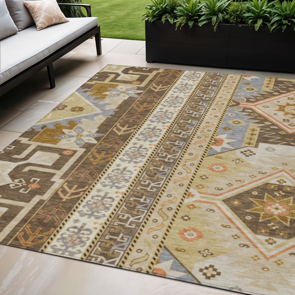 5' X 8' Brown Beige And Ivory Aztec Washable Indoor Outdoor Area Rug-598461-1