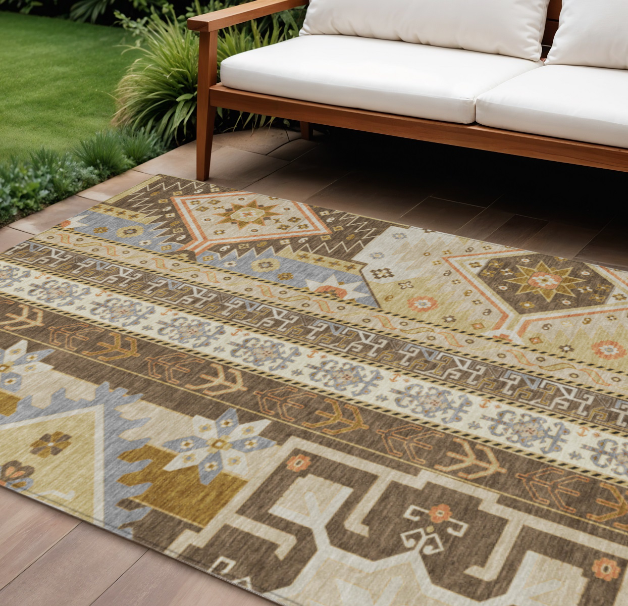 9' X 12' Brown Beige And Ivory Aztec Washable Indoor Outdoor Area Rug-598464-1
