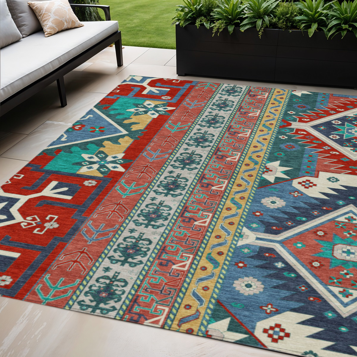 5' X 8' Red Pink And Teal Blue Aztec Washable Indoor Outdoor Area Rug-598503-1