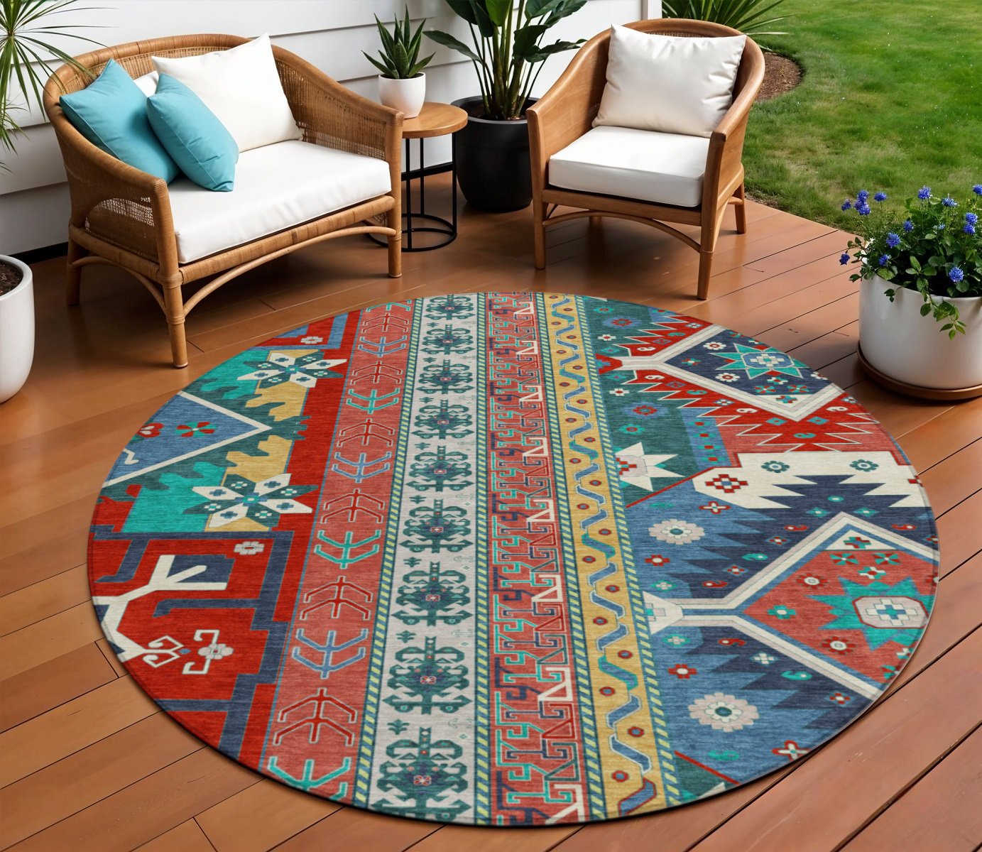 8' Red Pink And Teal Blue Round Aztec Washable Indoor Outdoor Area Rug-598504-1