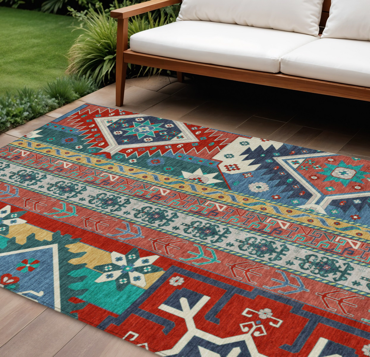 10' X 14' Red Pink And Teal Blue Aztec Washable Indoor Outdoor Area Rug-598507-1