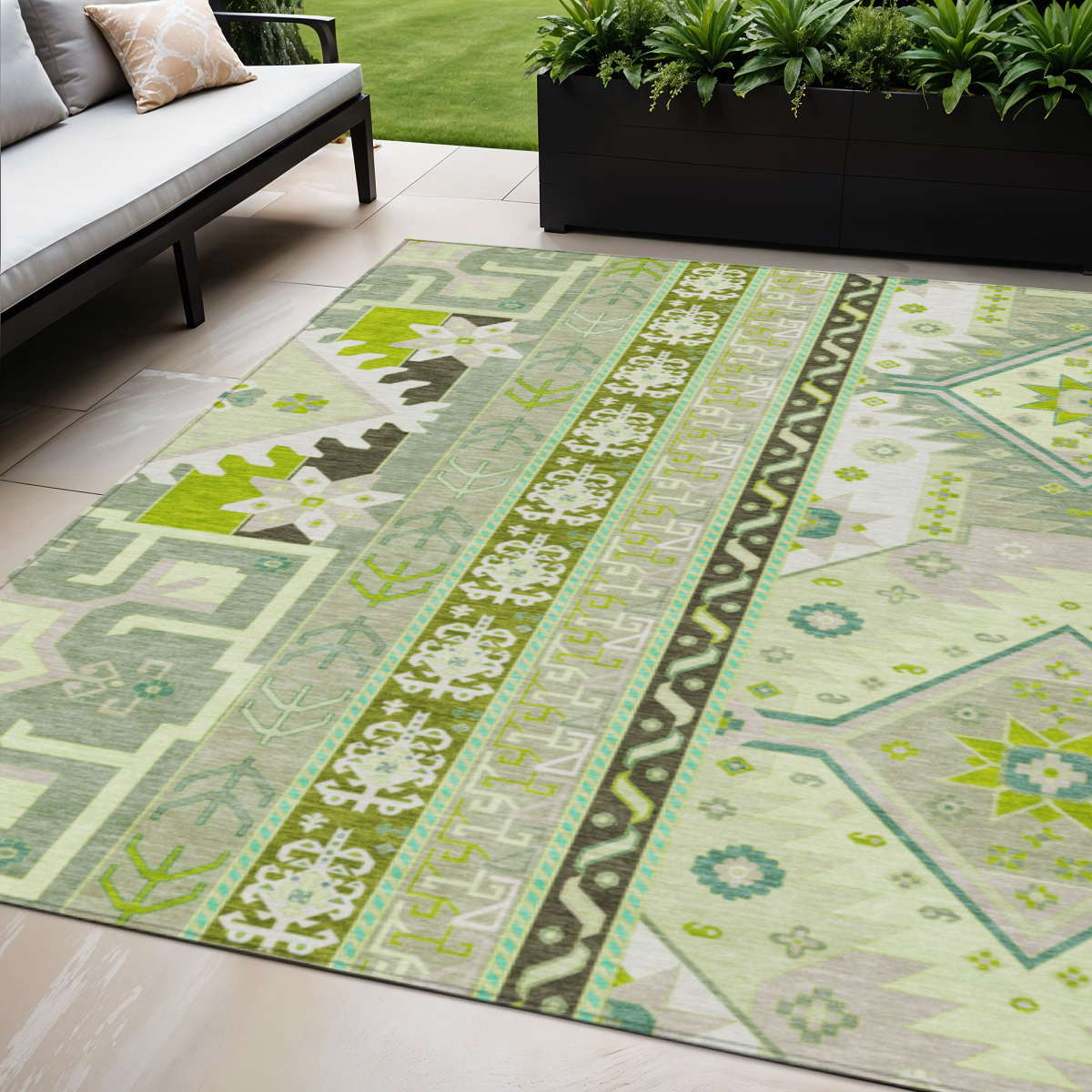 5' X 8' Sage Olive Green And Ivory Aztec Washable Indoor Outdoor Area Rug-598509-1