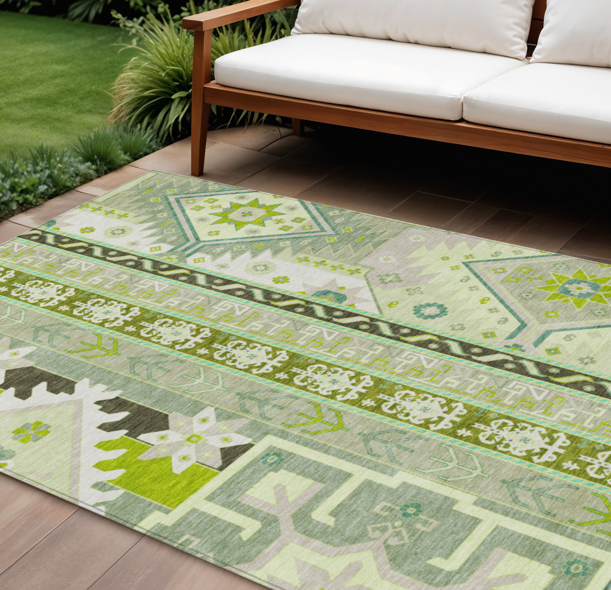 9' X 12' Sage Olive Green And Ivory Aztec Washable Indoor Outdoor Area Rug-598512-1