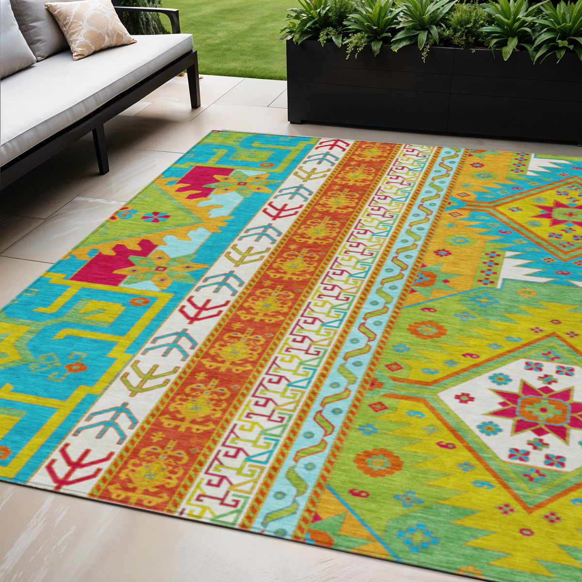 5' X 8' Teal Blue Green And Pink Aztec Washable Indoor Outdoor Area Rug-598521-1