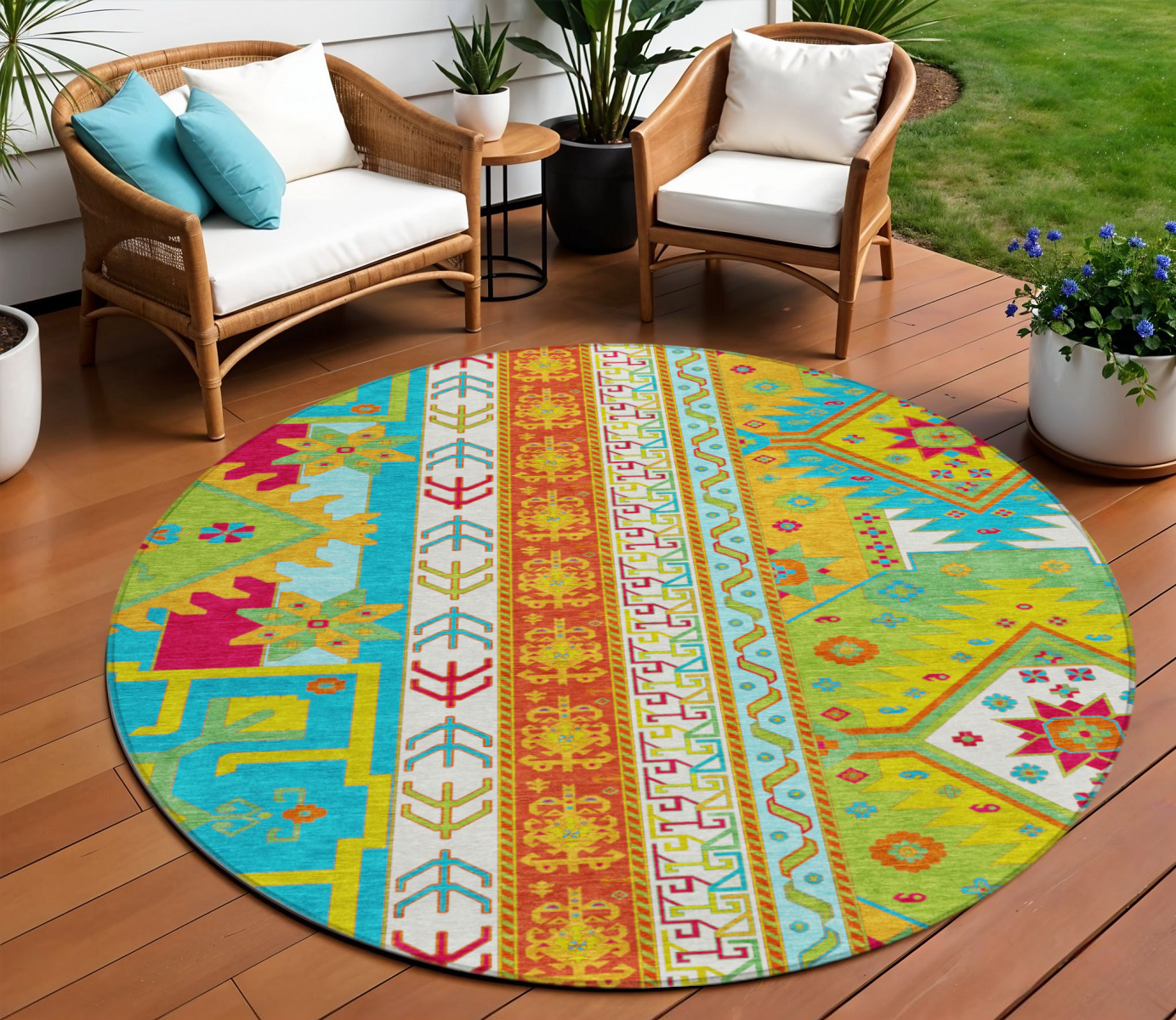 8' Teal Blue Green And Pink Round Aztec Washable Indoor Outdoor Area Rug-598522-1