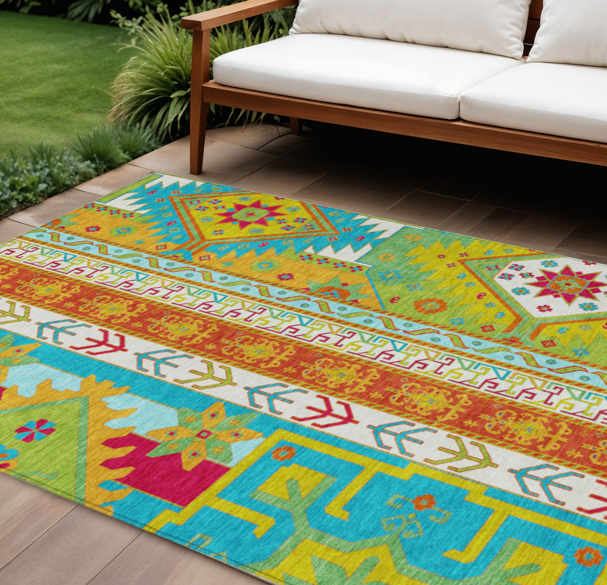 9' X 12' Teal Blue Green And Pink Aztec Washable Indoor Outdoor Area Rug-598524-1