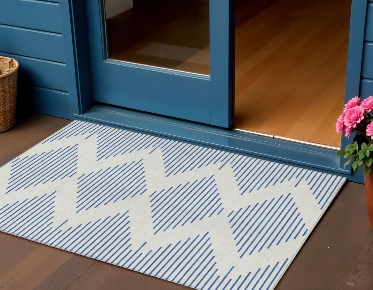 3' X 5' Ivory And Blue Geometric Washable Indoor Outdoor Area Rug-598752-1