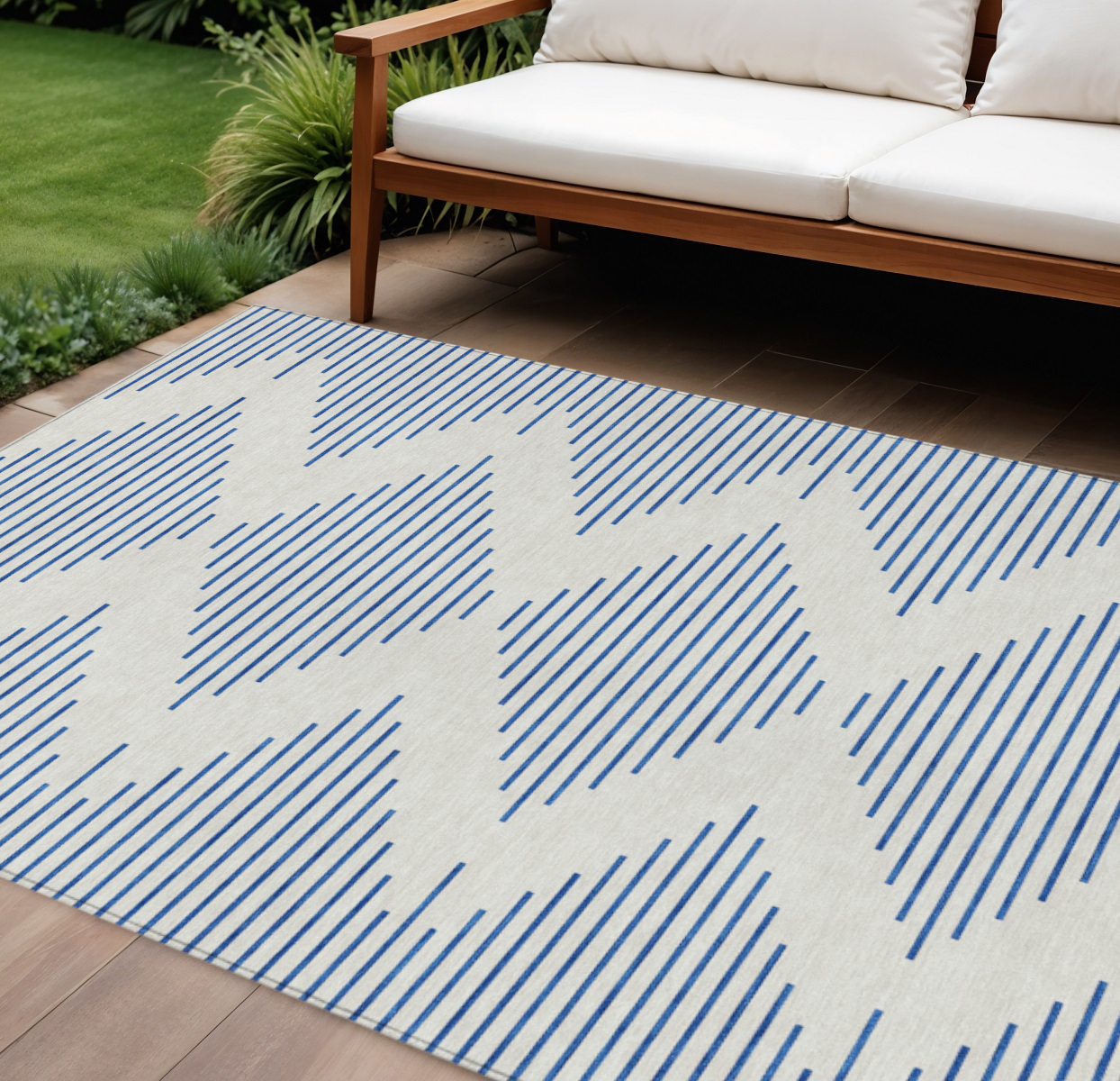 9' X 12' Ivory And Blue Geometric Washable Indoor Outdoor Area Rug-598756-1
