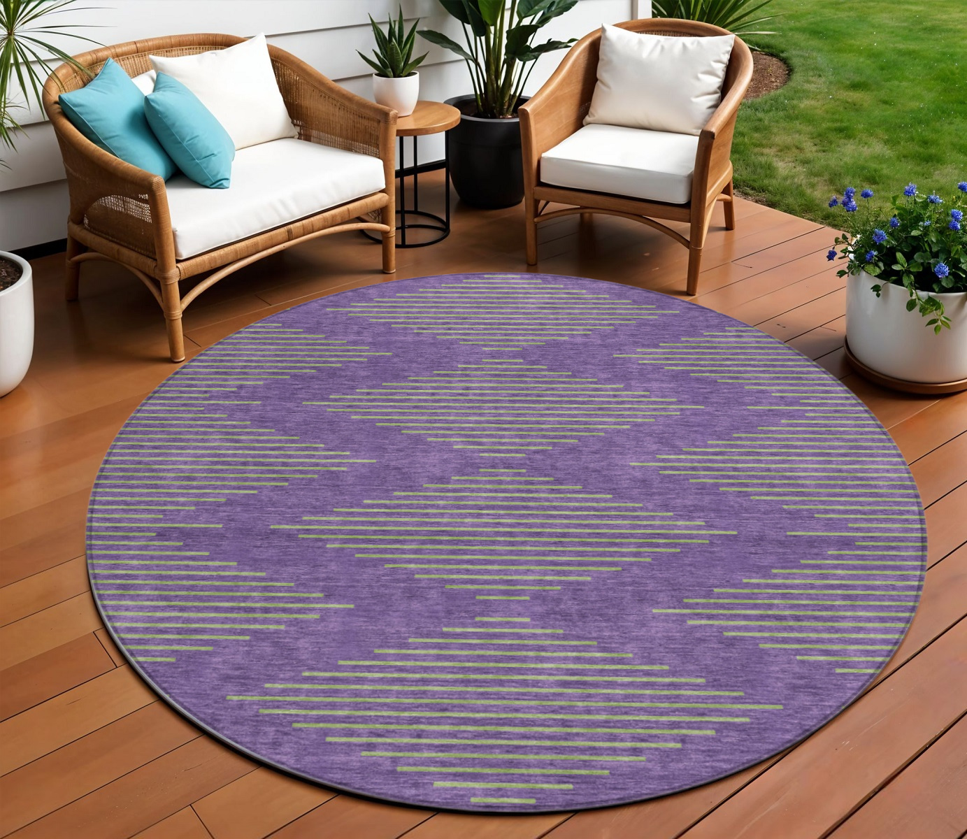 8' Purple And Green Round Geometric Washable Indoor Outdoor Area Rug-598778-1