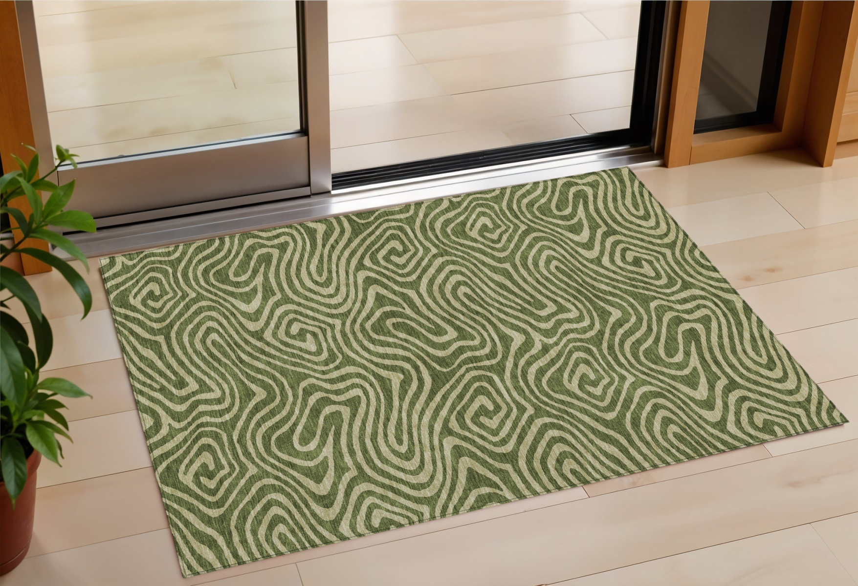 3' X 5' Olive Green And Light Green Abstract Washable Indoor Outdoor Area Rug-598986-1