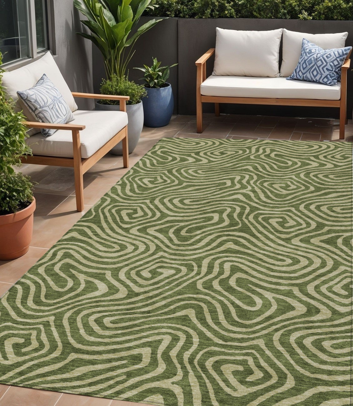 5' X 8' Olive Green And Light Green Abstract Washable Indoor Outdoor Area Rug-598987-1