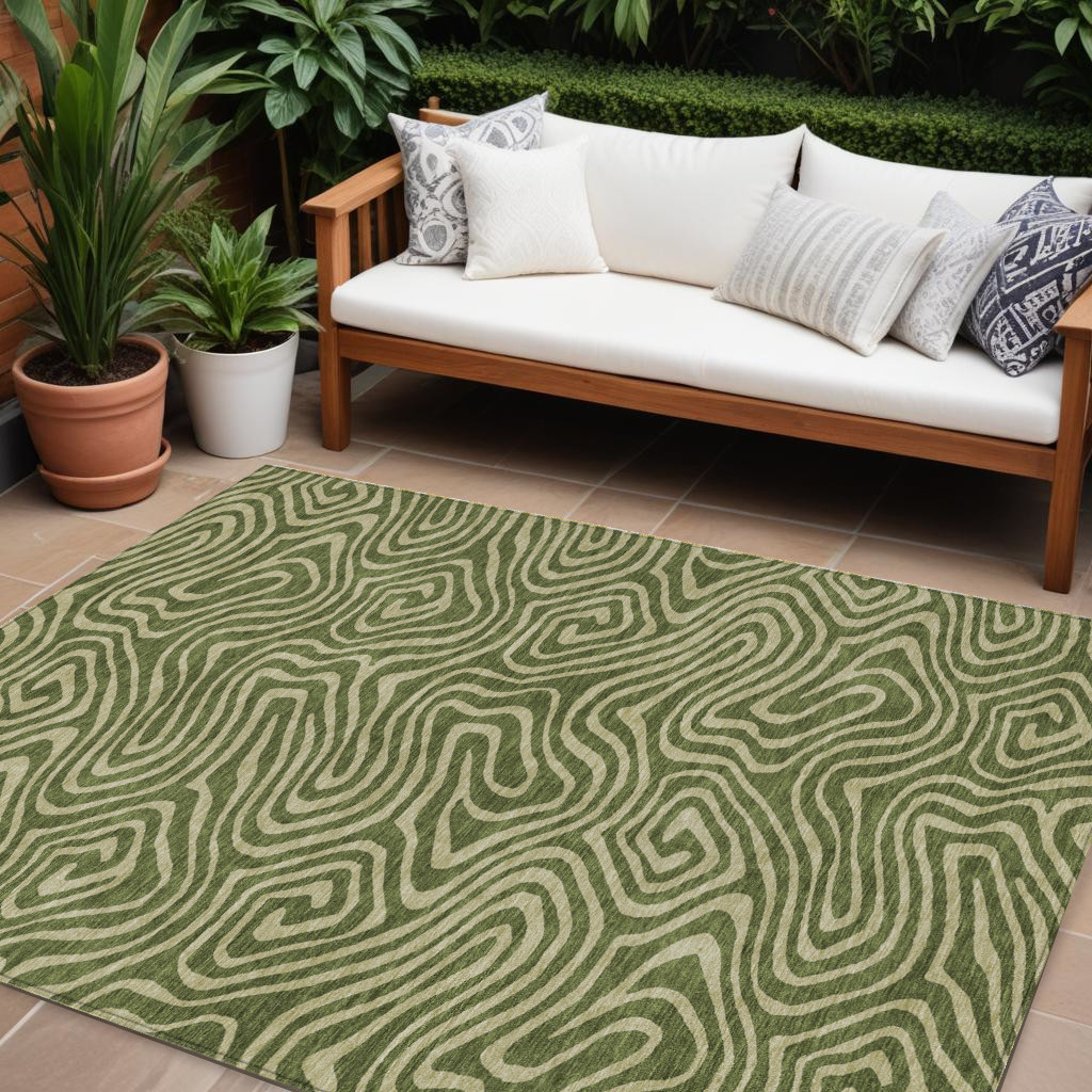 9' X 12' Olive Green And Light Green Abstract Washable Indoor Outdoor Area Rug-598990-1