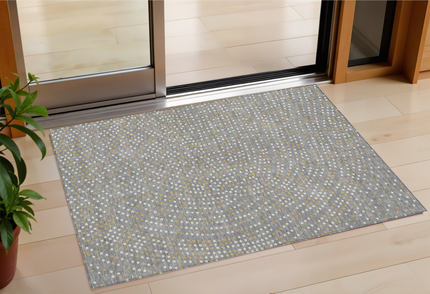 3' X 5' Gray Gold And Ivory Polka Dot Washable Indoor Outdoor Area Rug-599046-1