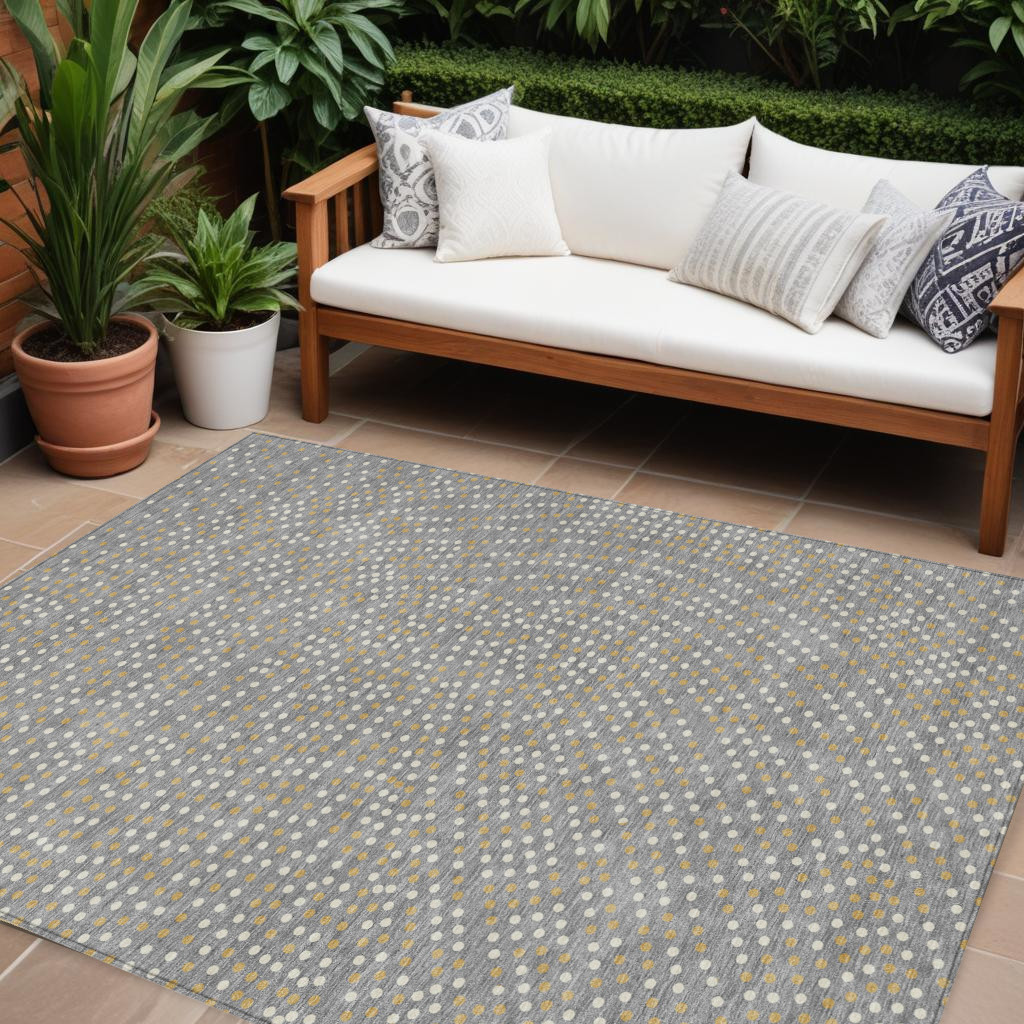 10' X 14' Gray Gold And Ivory Polka Dot Washable Indoor Outdoor Area Rug-599051-1