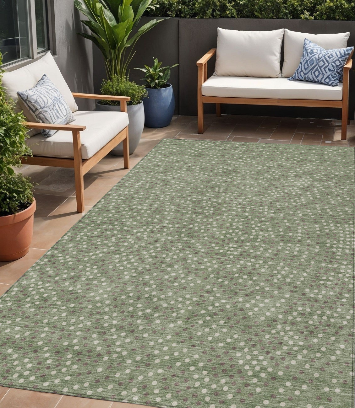5' X 8' Sage Gray And Ivory Polka Dot Washable Indoor Outdoor Area Rug-599077-1