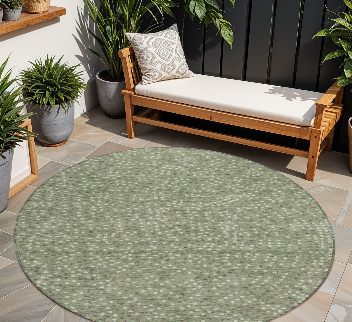 8' Sage Gray And Ivory Round Polka Dot Washable Indoor Outdoor Area Rug-599078-1