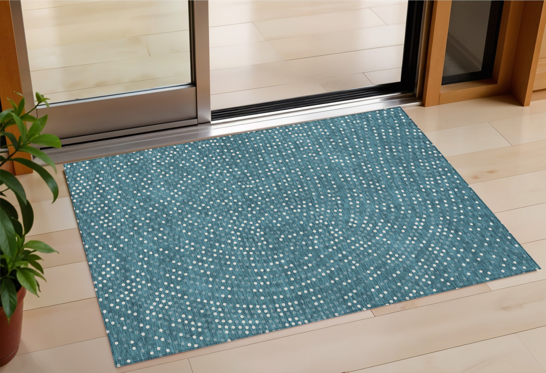 3' X 5' Teal Blue Gray And Ivory Polka Dot Washable Indoor Outdoor Area Rug-599088-1