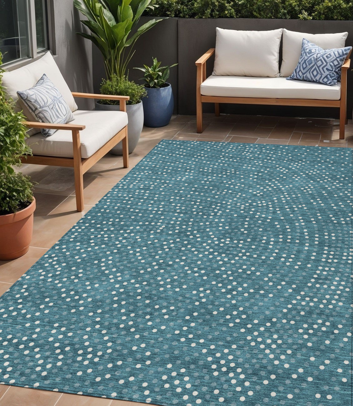 5' X 8' Teal Blue Gray And Ivory Polka Dot Washable Indoor Outdoor Area Rug-599089-1