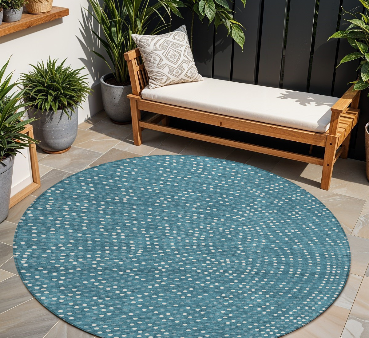8' Teal Blue Gray And Ivory Round Polka Dot Washable Indoor Outdoor Area Rug-599090-1
