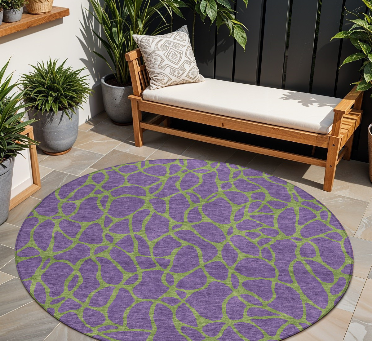8' Purple And Green Round Geometric Washable Indoor Outdoor Area Rug-599234-1