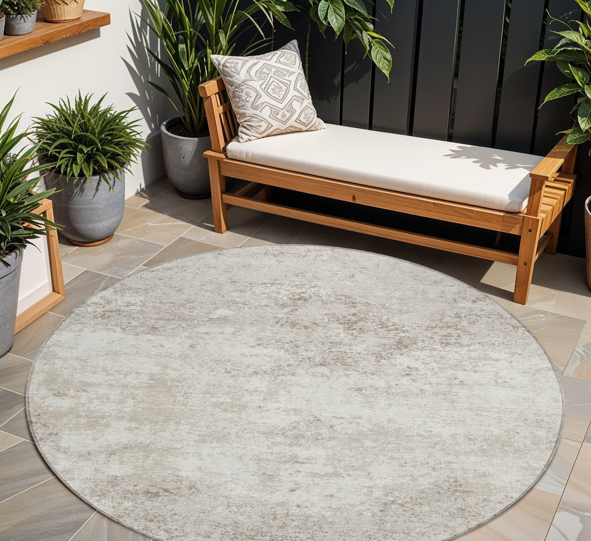 8' Ivory And Beige Round Abstract Washable Indoor Outdoor Area Rug-599504-1