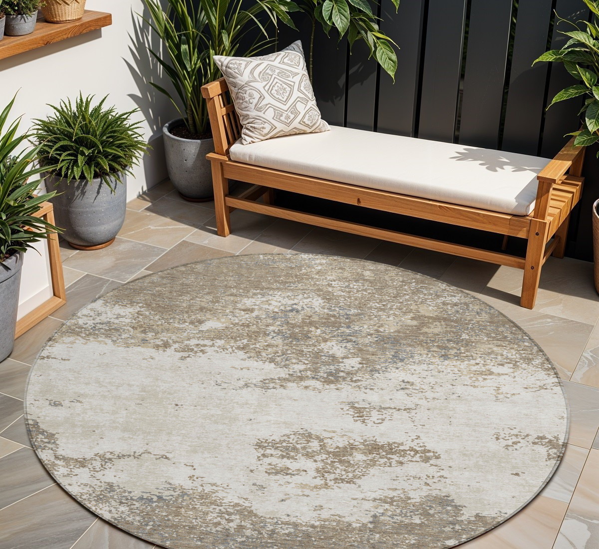 8' Taupe And Beige Round Abstract Washable Indoor Outdoor Area Rug-599528-1