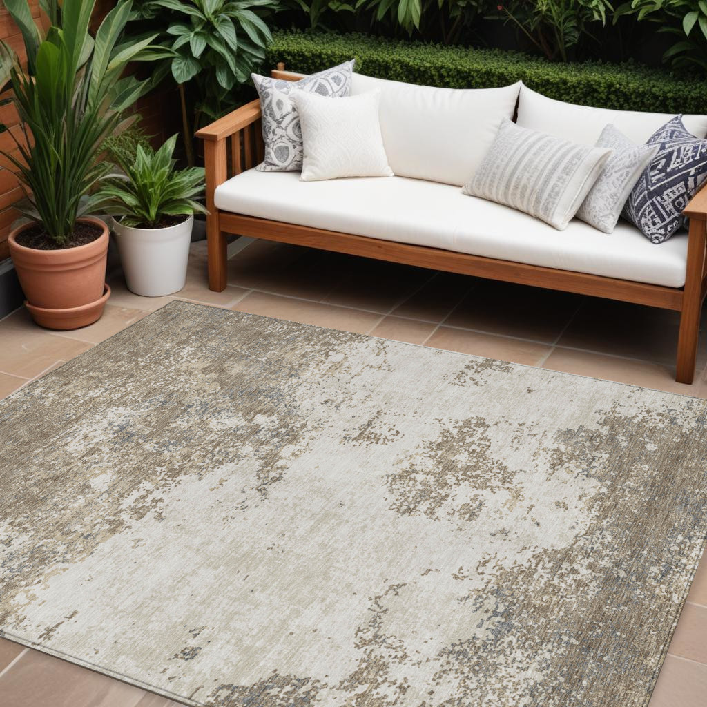 10' X 14' Taupe And Beige Abstract Washable Indoor Outdoor Area Rug-599531-1