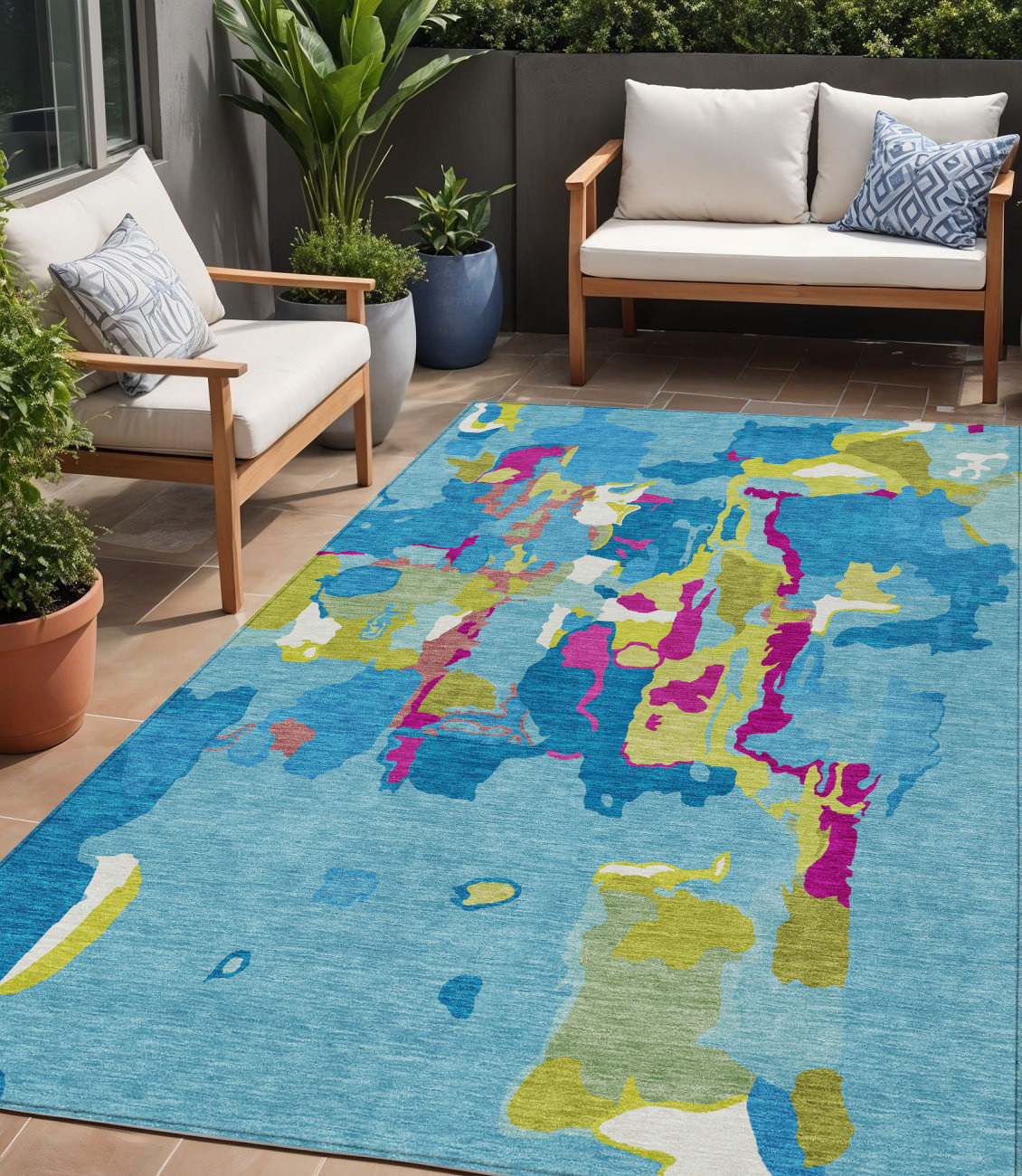 5' X 8' Aqua Green And Pink Abstract Washable Indoor Outdoor Area Rug-599533-1