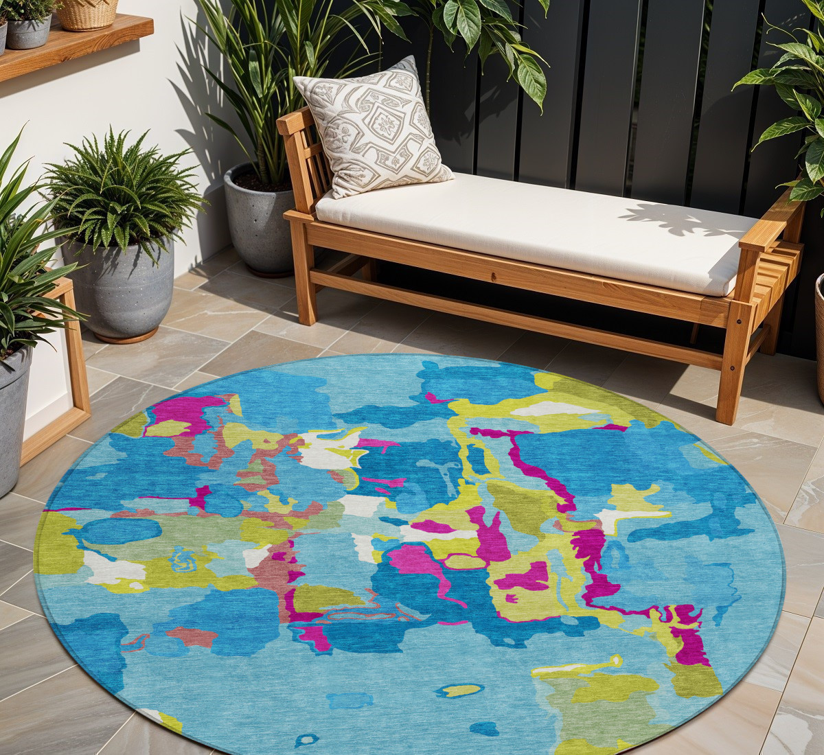 8' Aqua Green And Pink Round Abstract Washable Indoor Outdoor Area Rug-599534-1