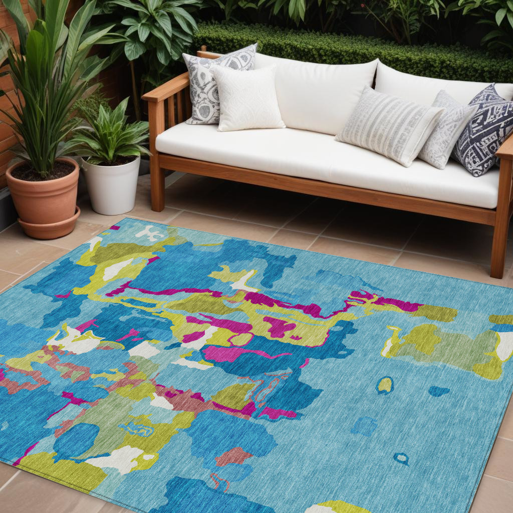 9' X 12' Aqua Green And Pink Abstract Washable Indoor Outdoor Area Rug-599536-1