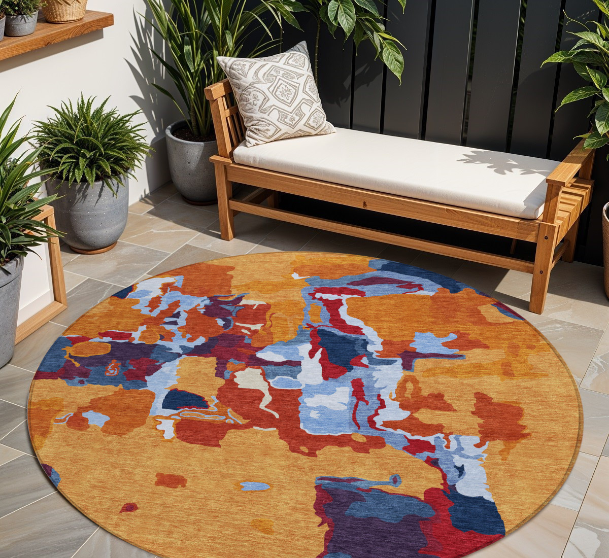 8' Copper Gray And Burgundy Round Abstract Washable Indoor Outdoor Area Rug-599552-1