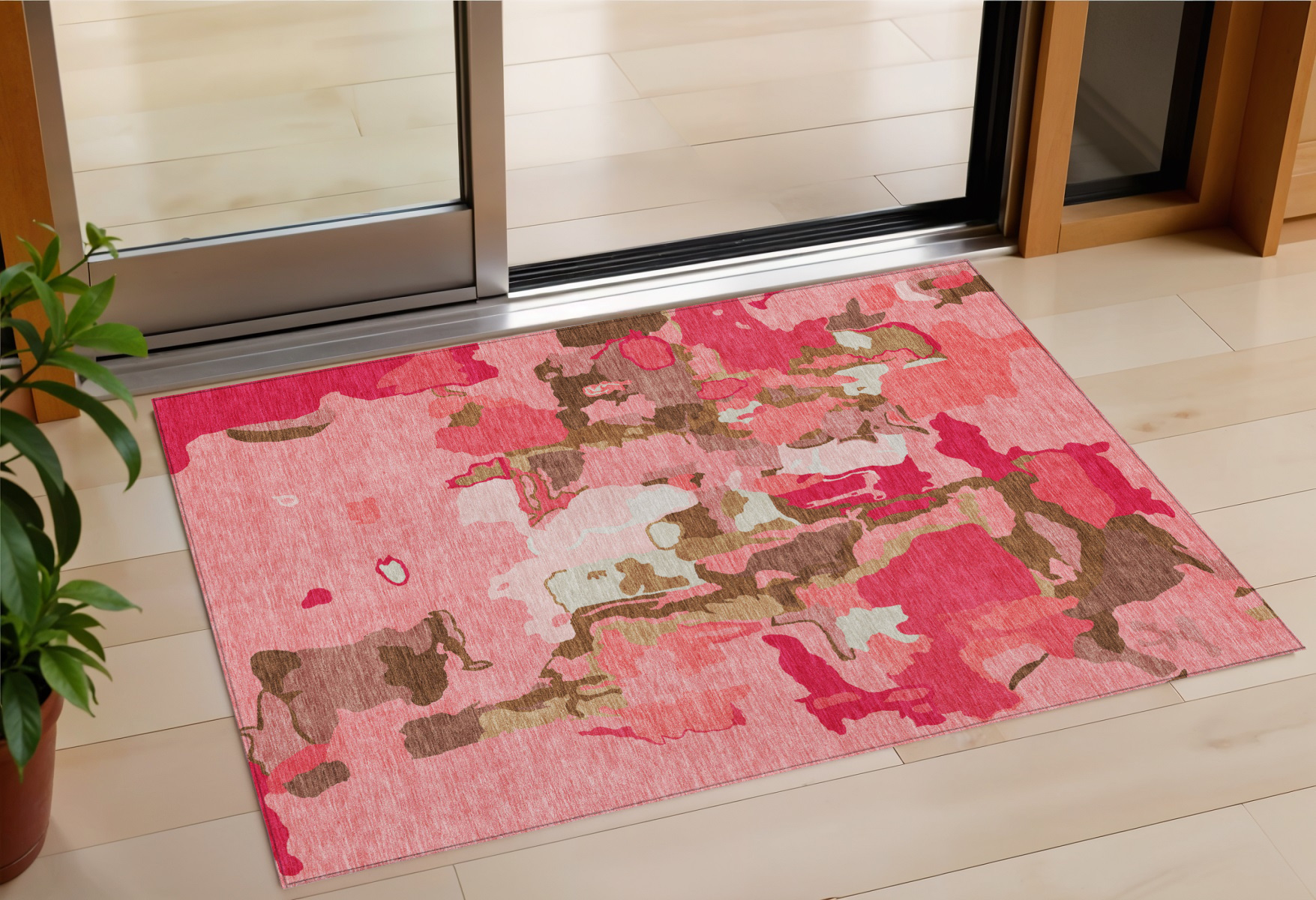 3' X 5' Coral Pink And Brown Abstract Washable Indoor Outdoor Area Rug-599556-1