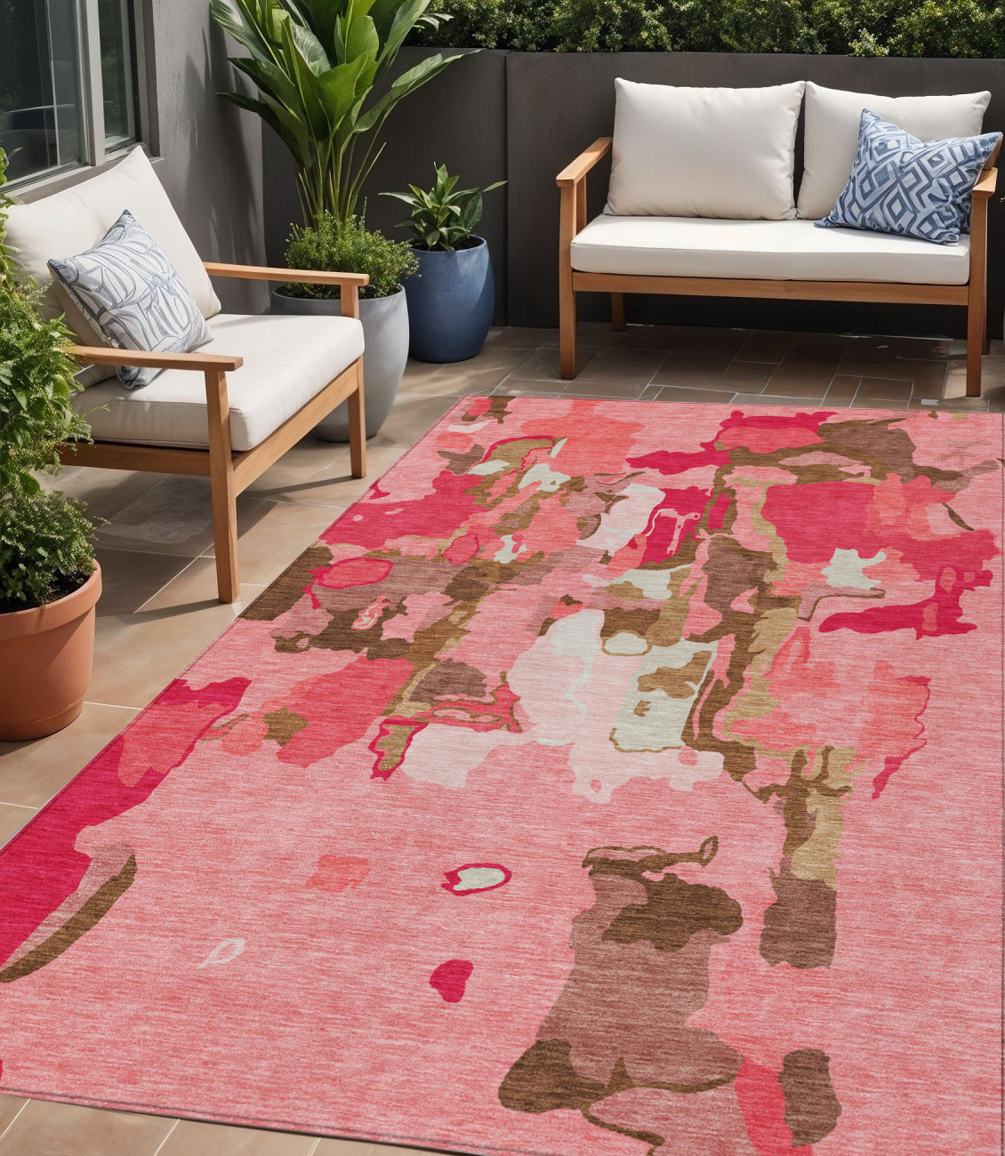 5' X 8' Coral Pink And Brown Abstract Washable Indoor Outdoor Area Rug-599557-1
