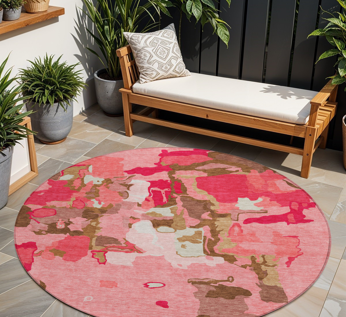 8' Coral Pink And Brown Round Abstract Washable Indoor Outdoor Area Rug-599558-1