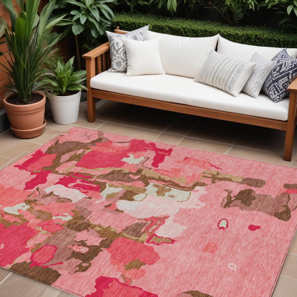10' X 14' Coral Pink And Brown Abstract Washable Indoor Outdoor Area Rug-599561-1