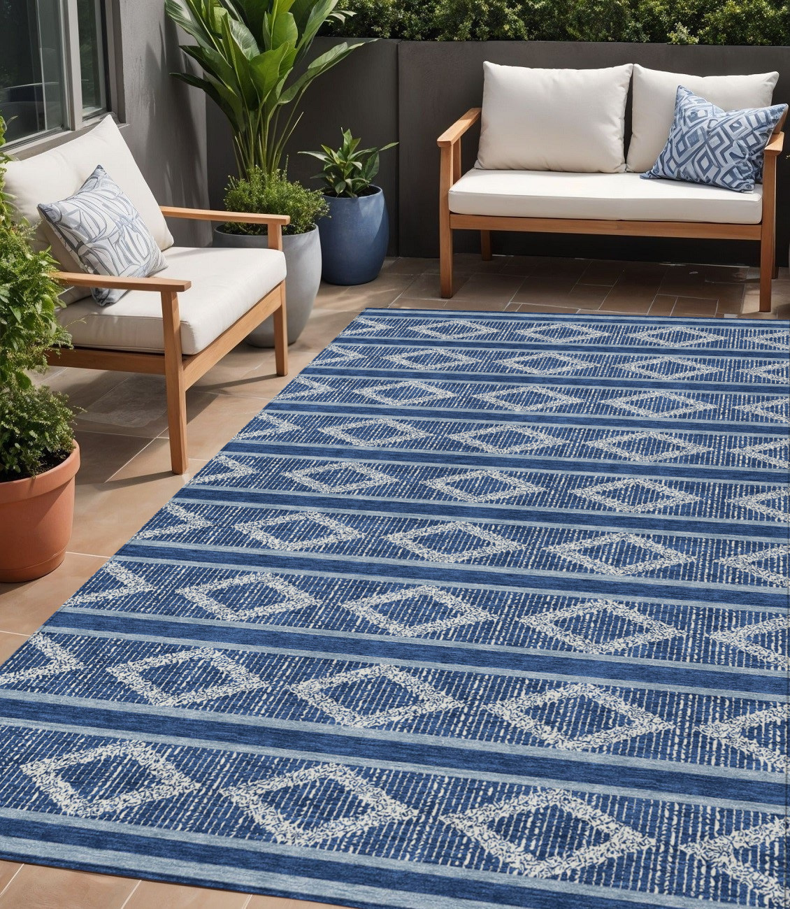 5' X 8' Navy Blue And Ivory Geometric Washable Indoor Outdoor Area Rug-599641-1