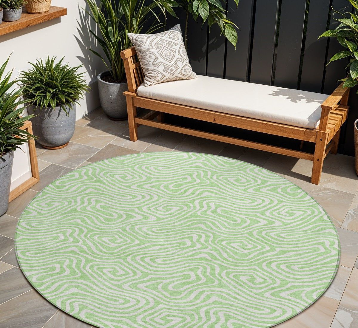 8' Mint Green And Ivory Round Abstract Washable Indoor Outdoor Area Rug-599738-1