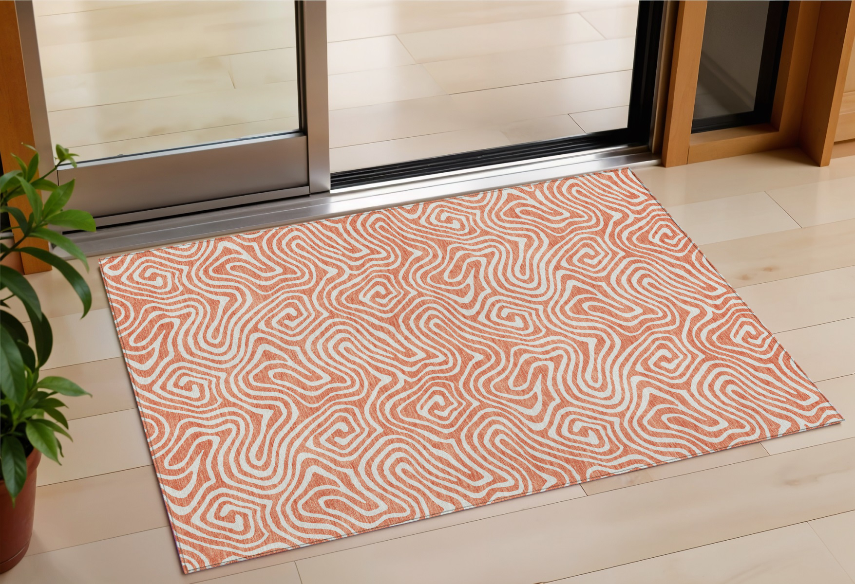 3' X 5' Salmon And Ivory Abstract Washable Indoor Outdoor Area Rug-599754-1